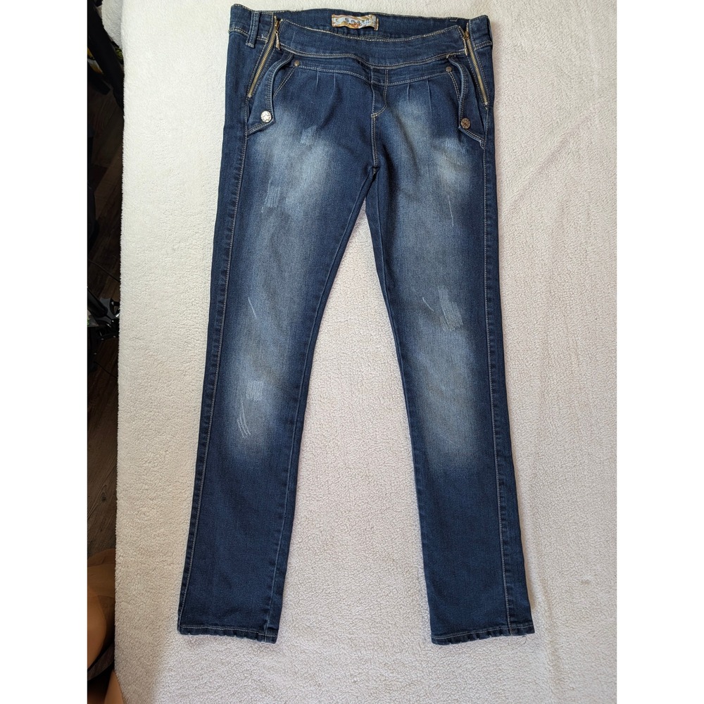 Smash Denim Trend Blue Distressed Moto Skinny Jeans Low Rise Size 32